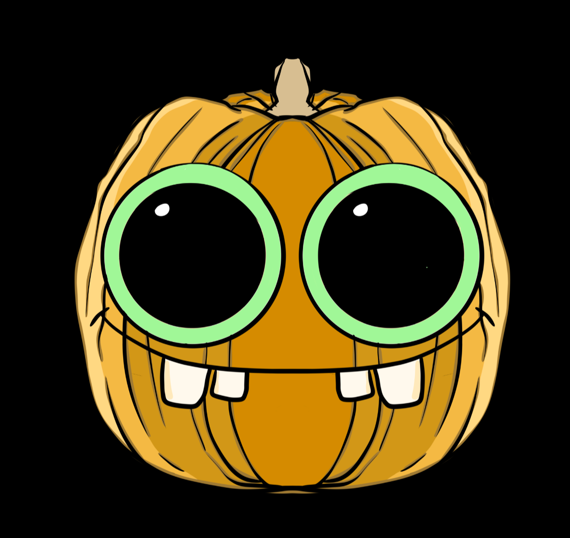 Cartoon pumpkin with large eyes and a happy expression on a black background