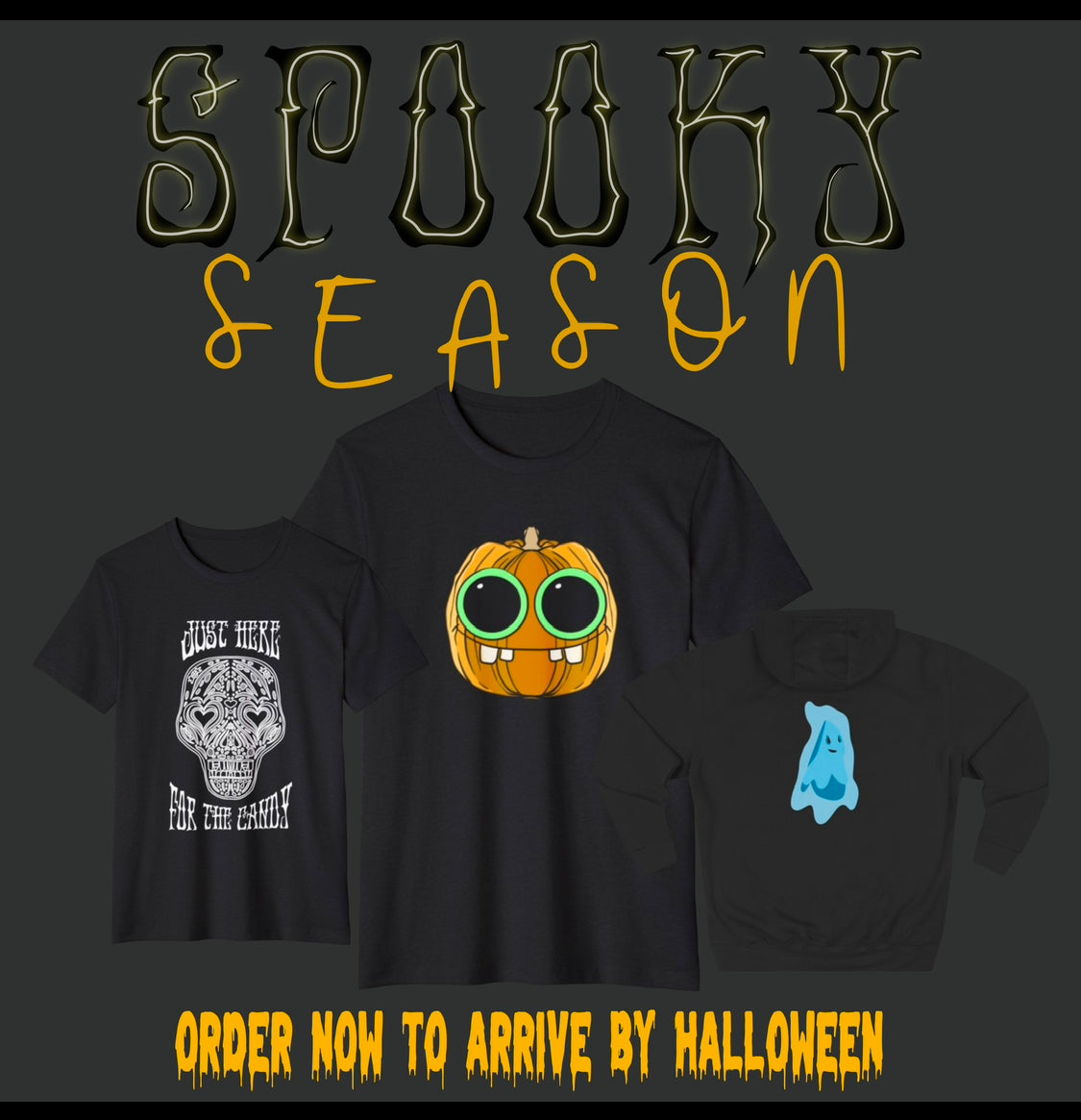 Three Halloween-themed shirts with designs and text on a dark background.