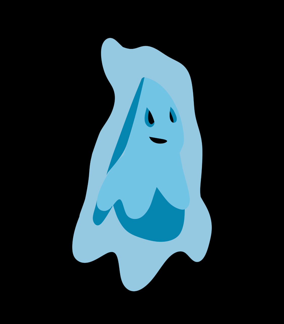 Blue ghost-like character on a black background